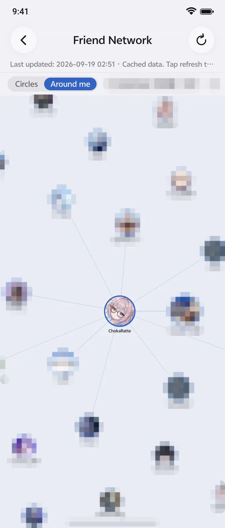 Friend network on an Android phone in the Around me view: you in the middle, connected friends around you, every friend pixelated for privacy