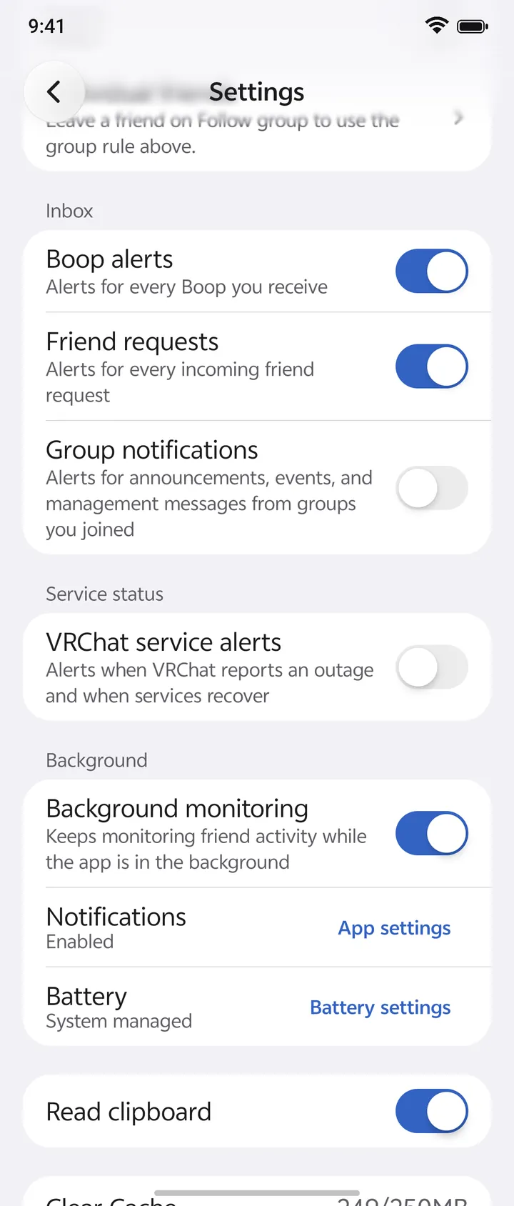 Android notification settings: Boop, friend-request and group alerts, VRChat service alerts, and background monitoring with shortcuts to notification and battery settings