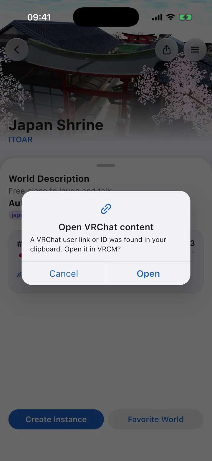 Back in VRCM after copying a VRChat link, a dialog asks: Open VRChat content — a VRChat user link or ID was found in your clipboard. Open it in VRCM? with Cancel and Open