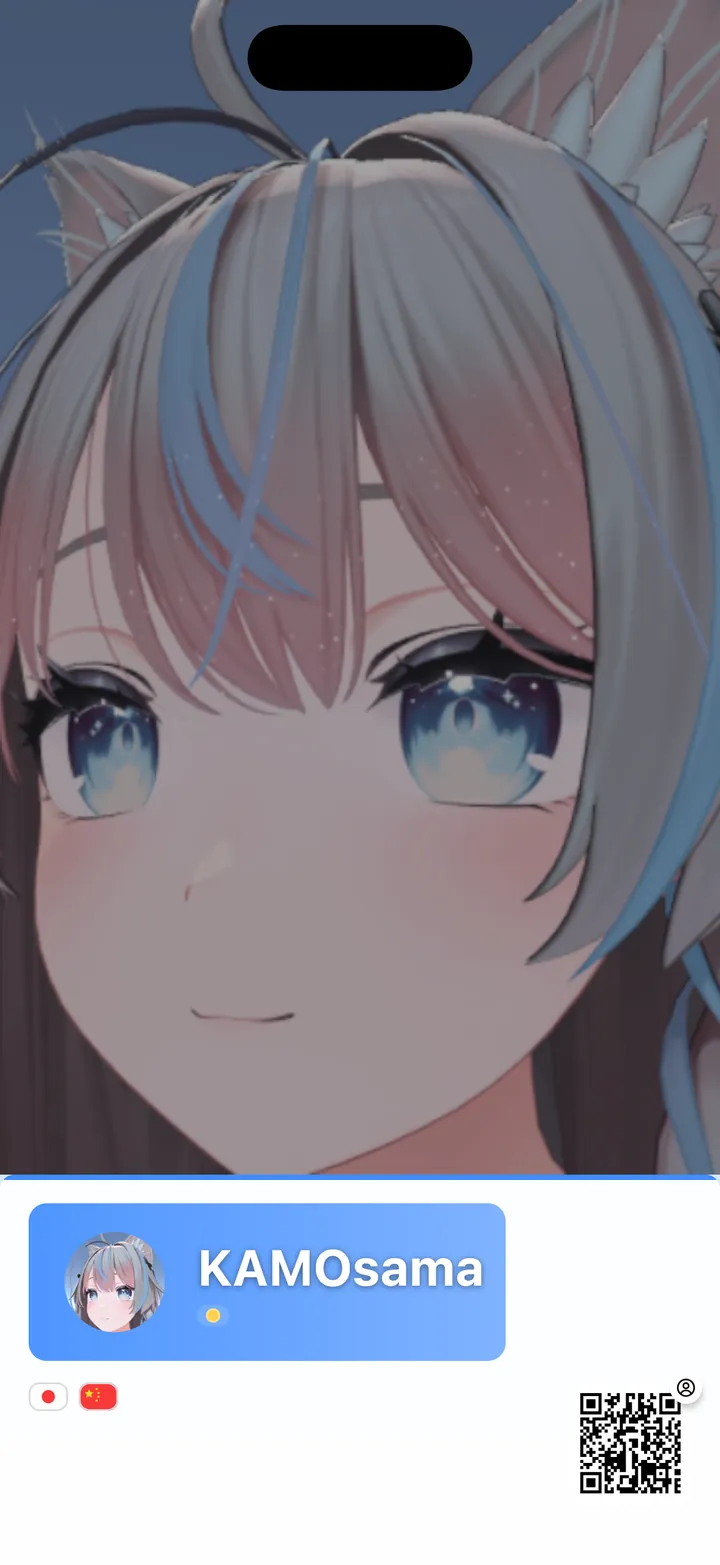 Name card with the Info Bar template: a large photo above a bar with avatar, name, status, language flags and a VRChat profile QR code